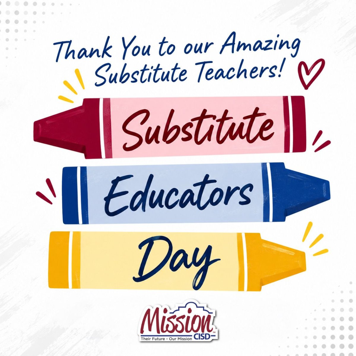 Graphic reading "Thank You to our Amazing Substitute Teachers! Substitute Educators Day" styled as giant colored crayons.